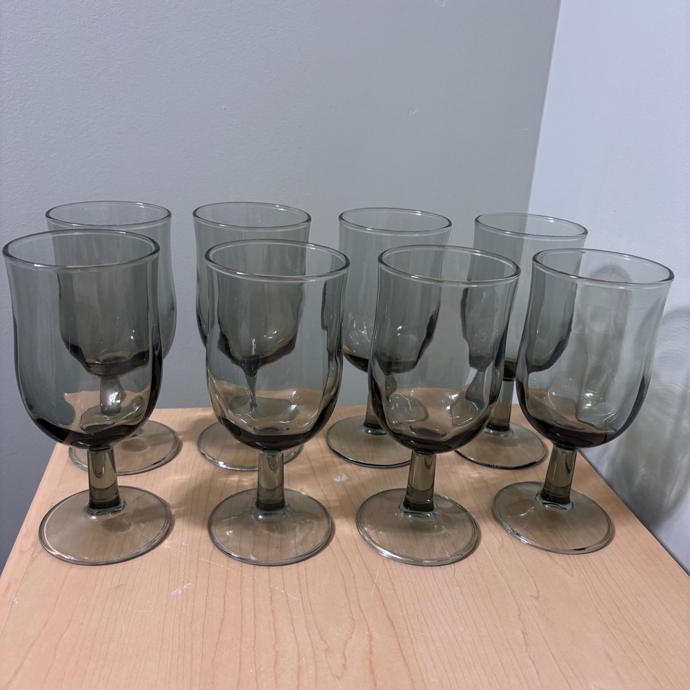 Libby Set of 8 Vintage Smoke Gray Tinted‎ Wine Glasses ice tea  Goblets